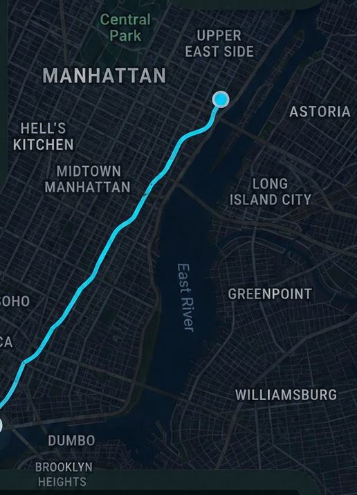 Mapa de la app con la traza de la carrera recorriendo Manhattan de sur a norte.